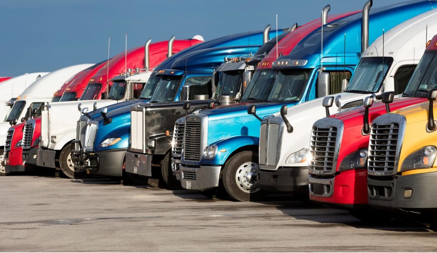 A row of red, blue, and white semi trucks parked side by side